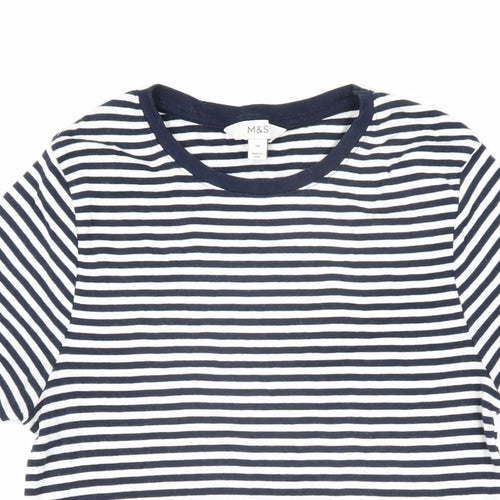 Marks and Spencer Womens Blue Striped 100% Cotton Basic T-Shirt Size 14 Round Neck