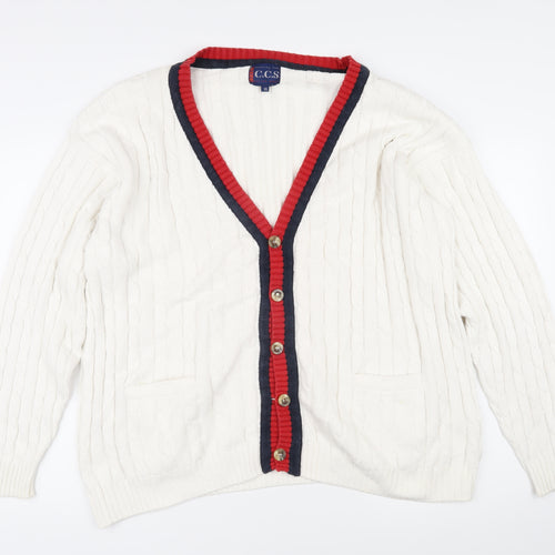 CCS Mens White V-Neck Cotton Cardigan Jumper Size XL Long Sleeve