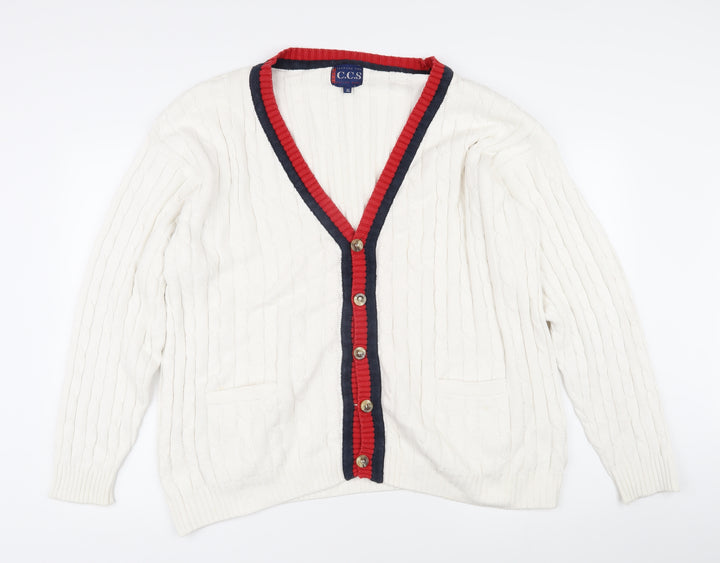 CCS Mens White V-Neck Cotton Cardigan Jumper Size XL Long Sleeve