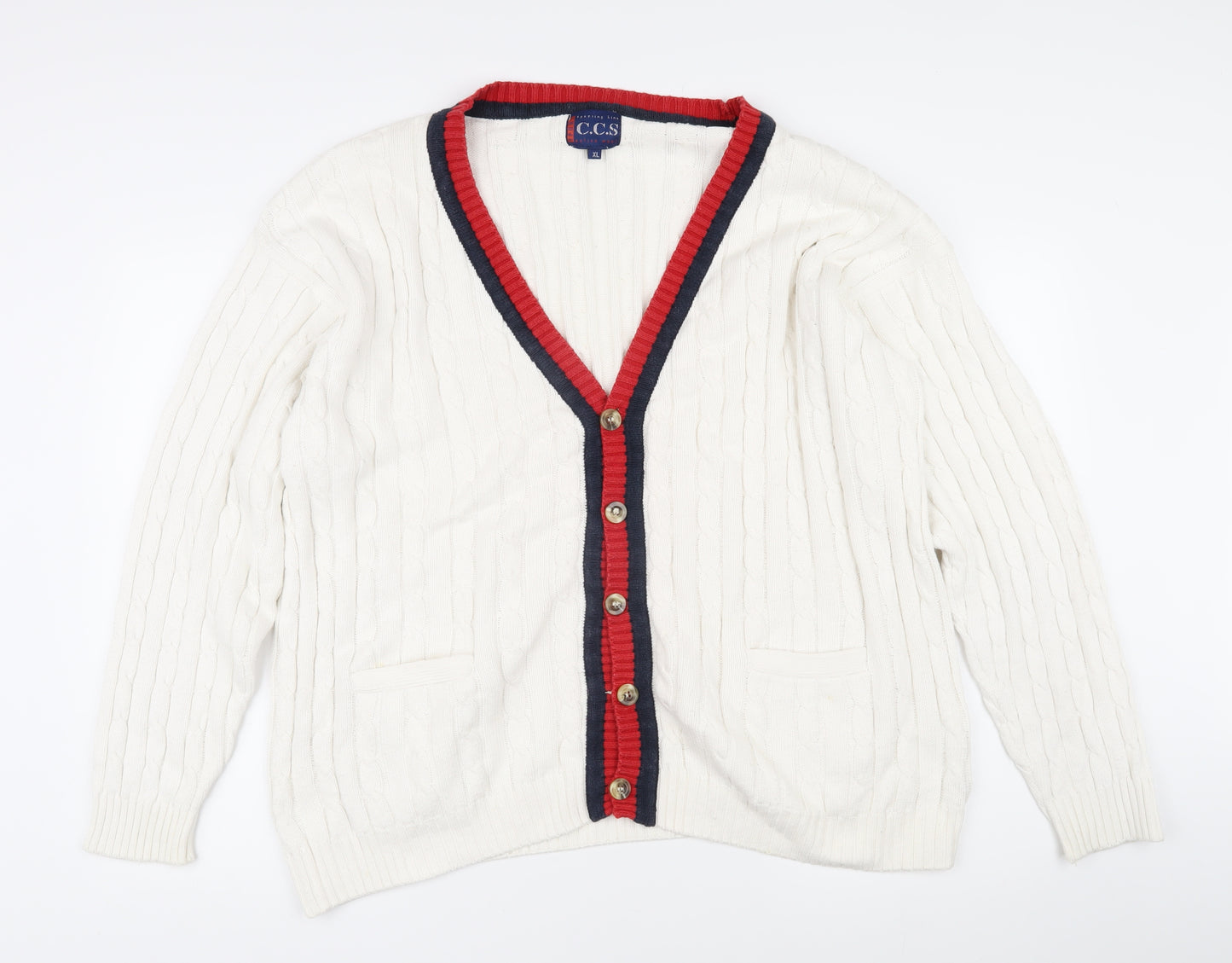 CCS Mens White V-Neck Cotton Cardigan Jumper Size XL Long Sleeve