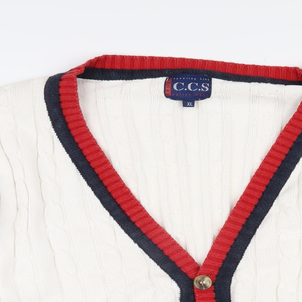 CCS Mens White V-Neck Cotton Cardigan Jumper Size XL Long Sleeve