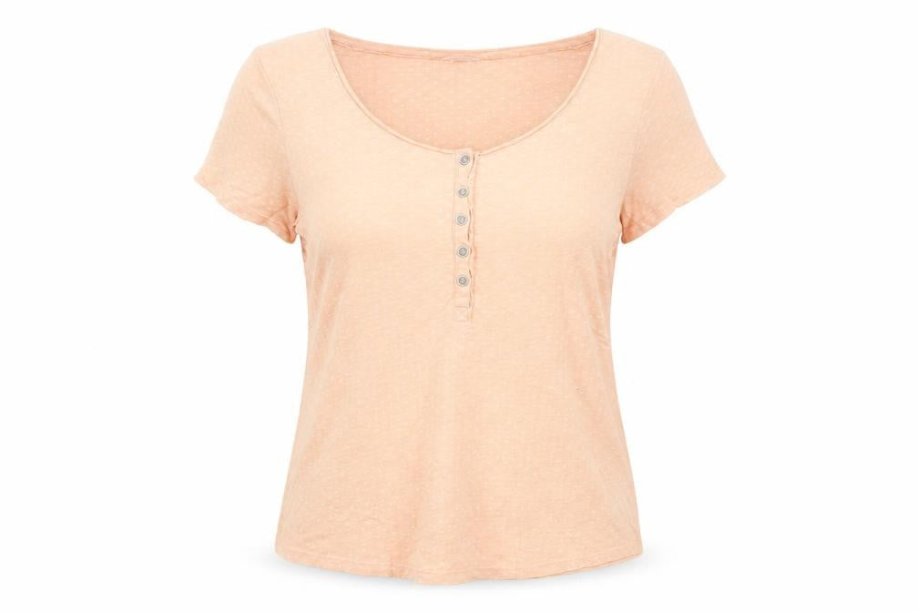 Front view of Indigo women’s orange geometric 100% cotton basic t-shirt, size UK 14, scoop neck