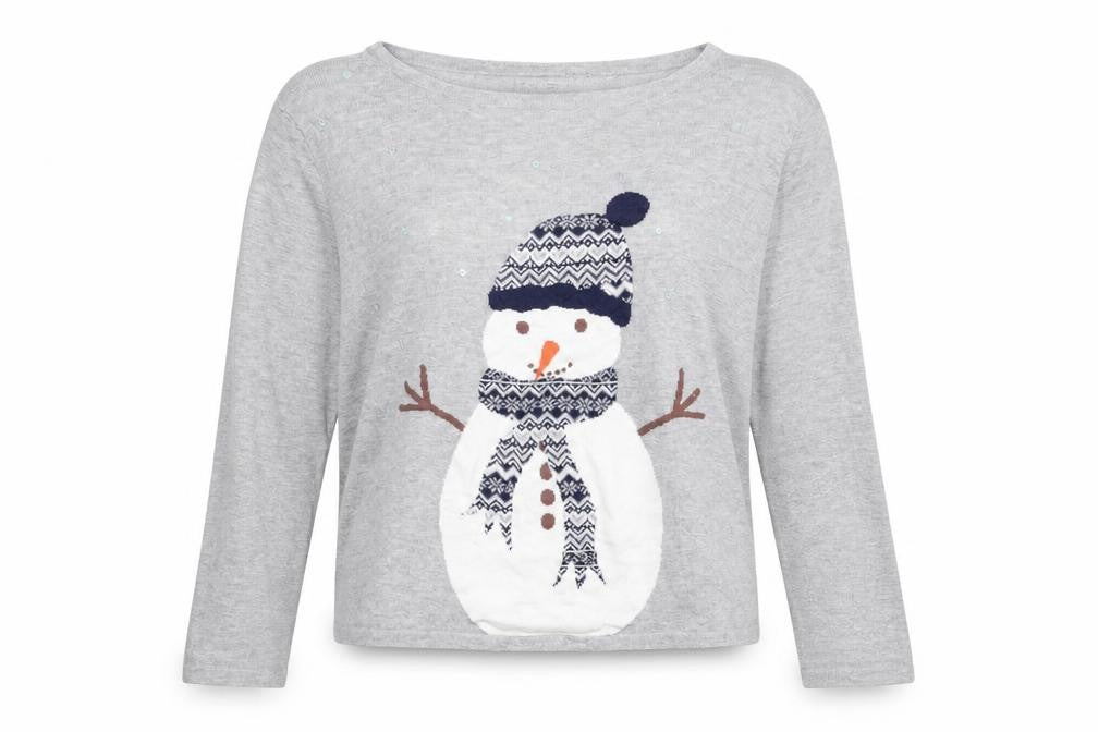 Front view of Next women’s grey boat neck cotton jumper, size UK 14, - snowman