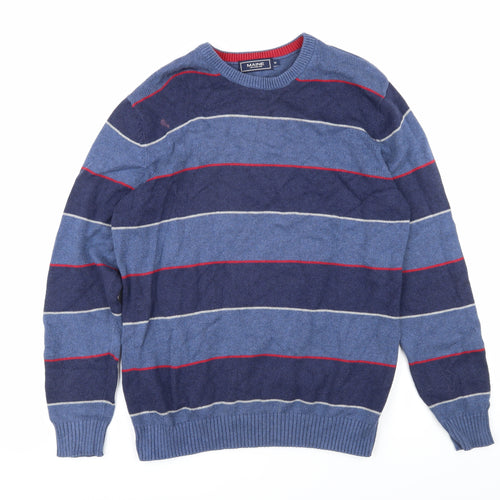 Maine Mens Blue Round Neck Striped Cotton Pullover Jumper Size M Long Sleeve