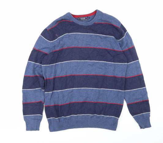 Maine Mens Blue Round Neck Striped Cotton Pullover Jumper Size M Long Sleeve