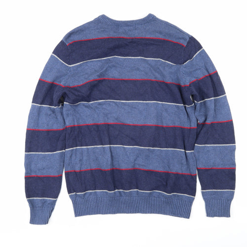 Maine Mens Blue Round Neck Striped Cotton Pullover Jumper Size M Long Sleeve