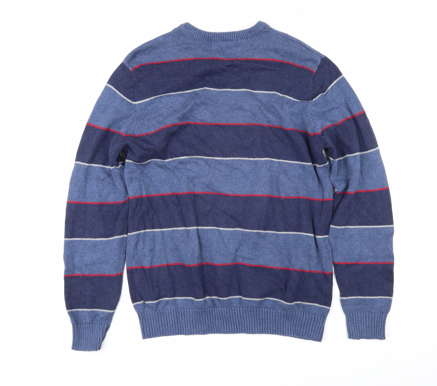 Maine Mens Blue Round Neck Striped Cotton Pullover Jumper Size M Long Sleeve