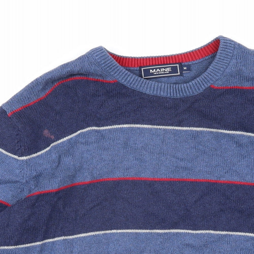 Maine Mens Blue Round Neck Striped Cotton Pullover Jumper Size M Long Sleeve