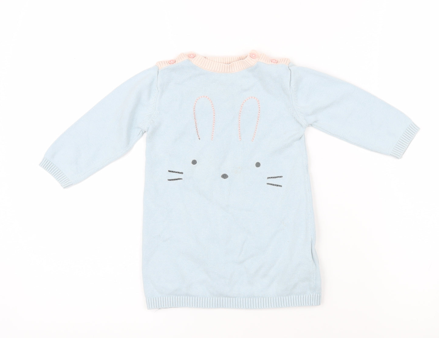 Marks and Spencer Girls Blue 100% Cotton Pullover Jumper Size 9-12 Months Button - Rabbit