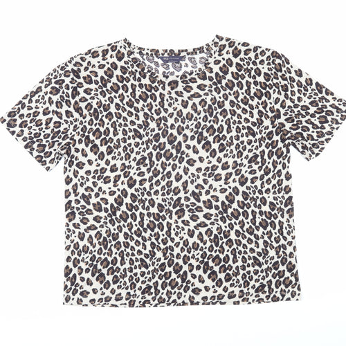 Marks and Spencer Womens Beige Animal Print Polyester Basic T-Shirt Size 12 Boat Neck