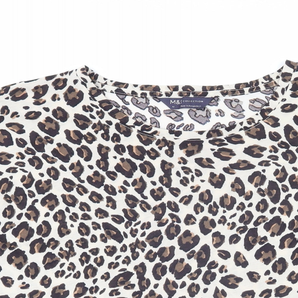 Marks and Spencer Womens Beige Animal Print Polyester Basic T-Shirt Size 12 Boat Neck