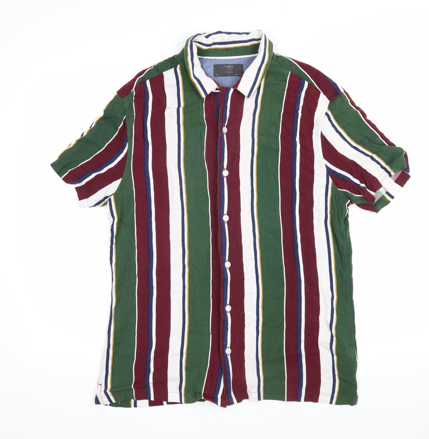 Marks & Spencer Mens Multicoloured Striped Viscose Button-Up Size M Collared Button