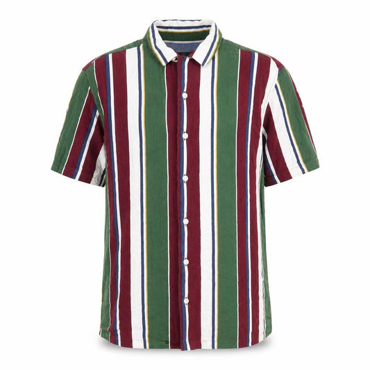 Front view of Marks & Spencer men’s multicoloured striped viscose button-up, size M, collared button