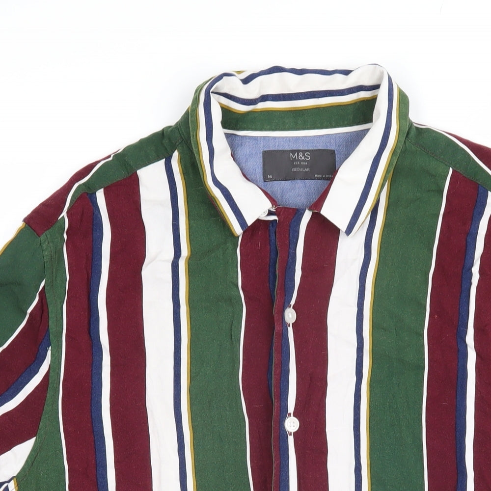 Marks & Spencer Mens Multicoloured Striped Viscose Button-Up Size M Collared Button
