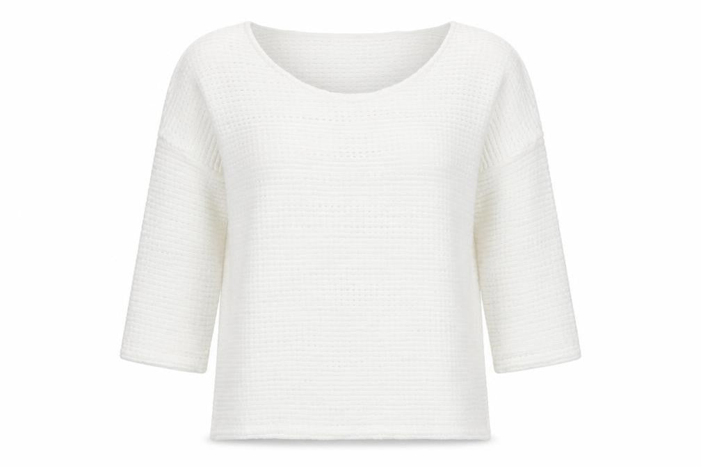 Front view of French Connection women’s white crew neck polyacrylate fibre jumper, size XS
