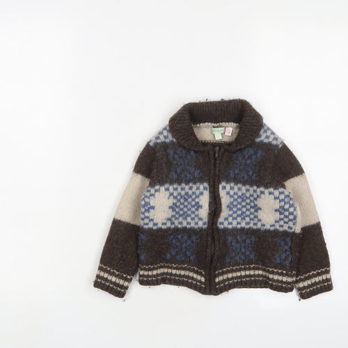 Monsoon Boys Brown Collared Geometric Wool Full Zip Jumper Size 3-4 Years Zip