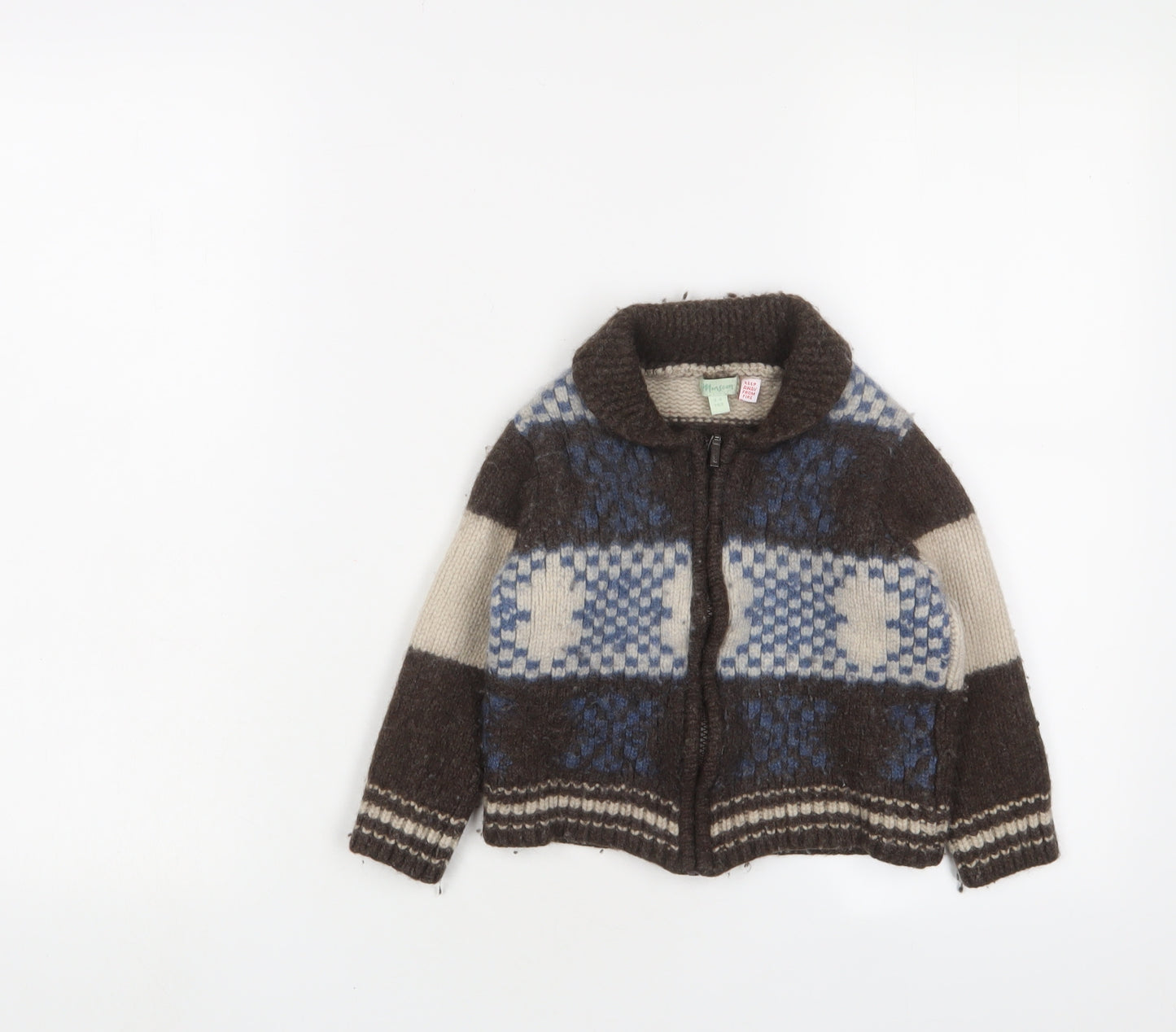 Monsoon Boys Brown Collared Geometric Wool Full Zip Jumper Size 3-4 Years Zip