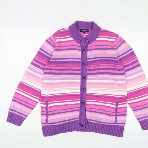 Tulchan Womens Pink Round Neck Striped Cotton Cardigan Jumper Size L - Button up