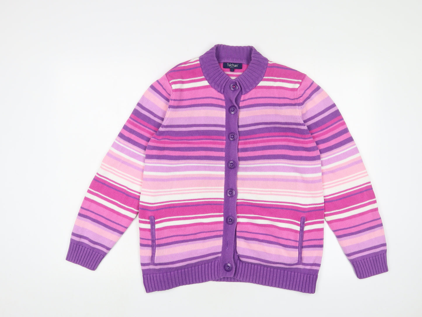 Tulchan Womens Pink Round Neck Striped Cotton Cardigan Jumper Size L - Button up