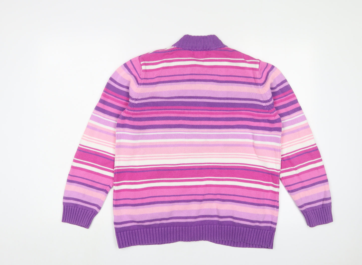Tulchan Womens Pink Round Neck Striped Cotton Cardigan Jumper Size L - Button up