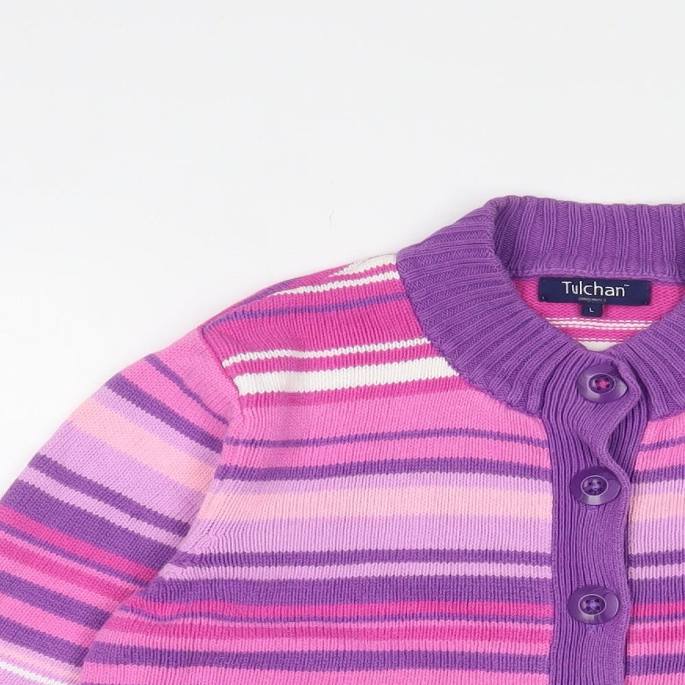 Tulchan Womens Pink Round Neck Striped Cotton Cardigan Jumper Size L - Button up