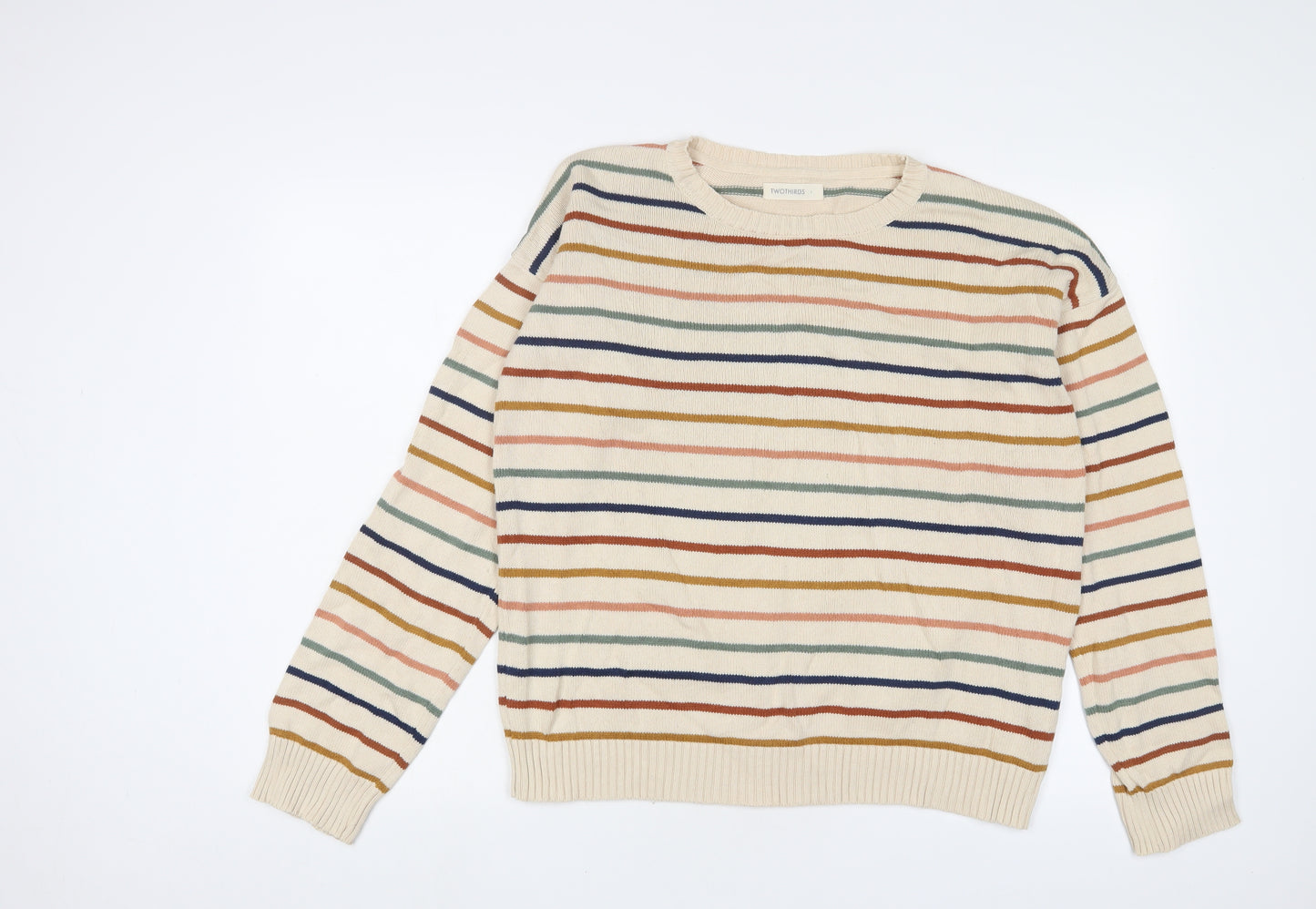 TwoThirds Mens Beige Crew Neck Striped Cotton Pullover Jumper Size L Long Sleeve