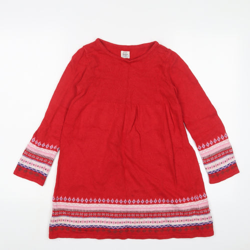 Mini Boden Girls Red Fair Isle Cotton Jacket Dress Size 9-10 Years Crew Neck Pullover