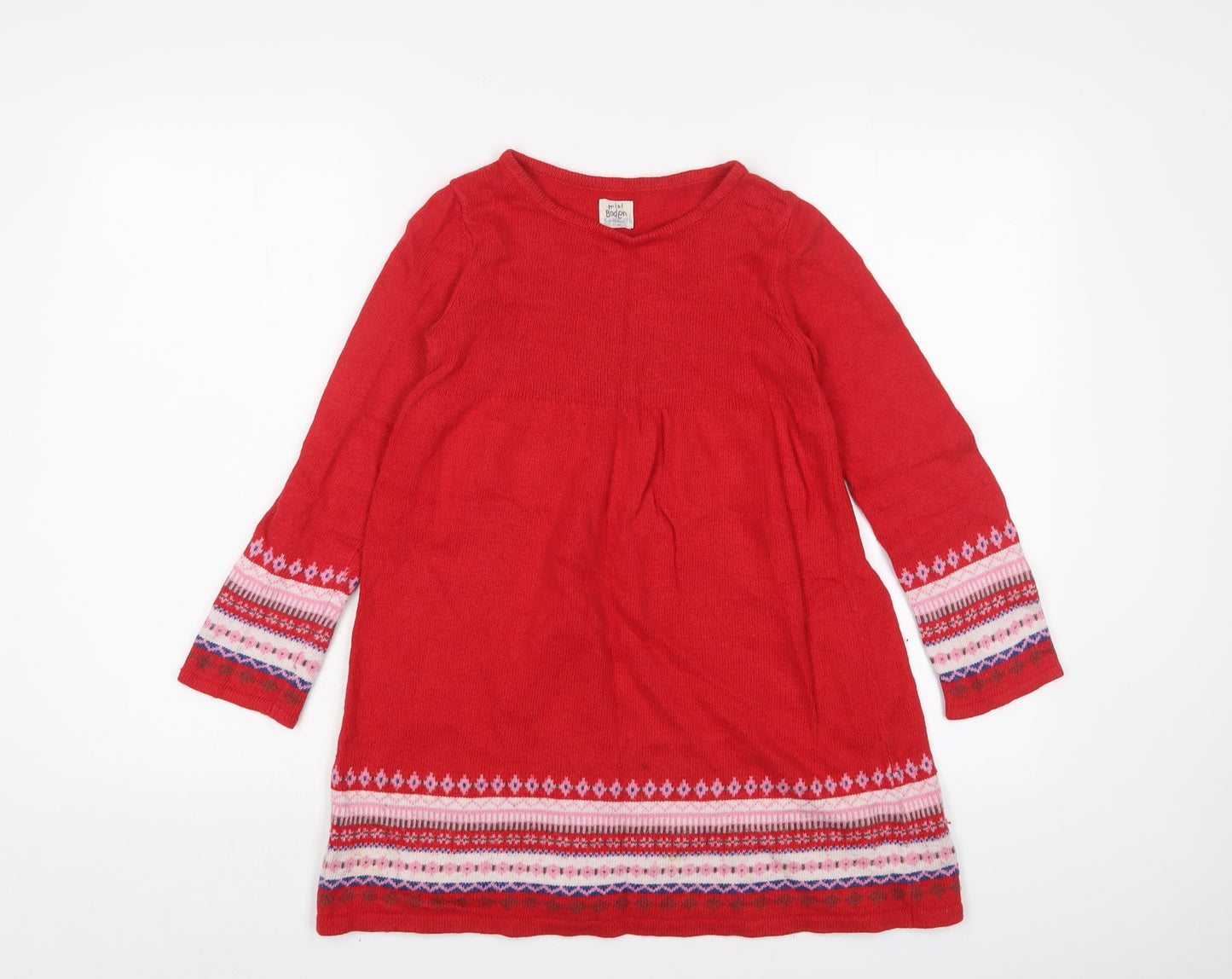 Mini Boden Girls Red Fair Isle Cotton Jacket Dress Size 9-10 Years Crew Neck Pullover