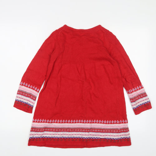 Mini Boden Girls Red Fair Isle Cotton Jacket Dress Size 9-10 Years Crew Neck Pullover