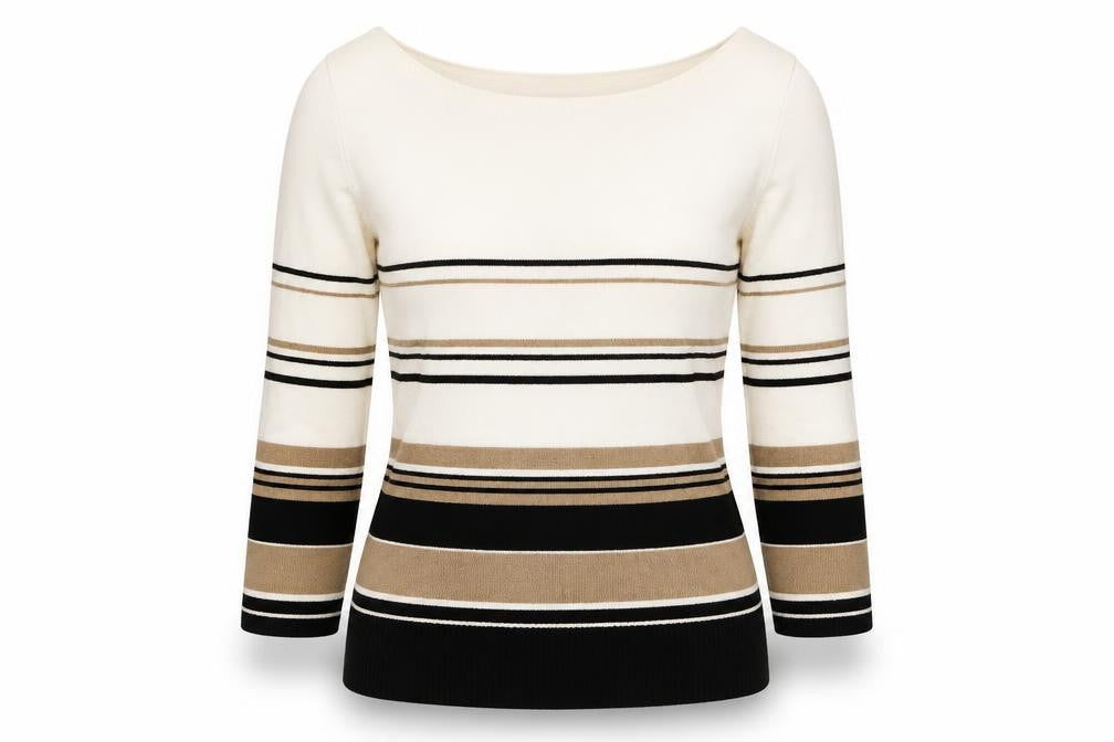 Front view of Precis women’s multicoloured crew neck striped viscose jumper, size S