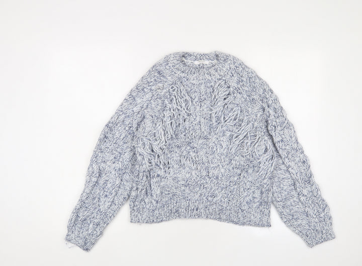 Pepper & Mint Womens Blue Crew Neck Cotton Pullover Jumper Size M - Tassled