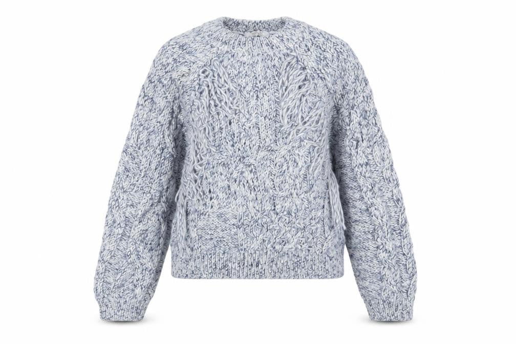 Front view of Pepper & Mint women’s blue crew neck cotton jumper, size M, - tassled