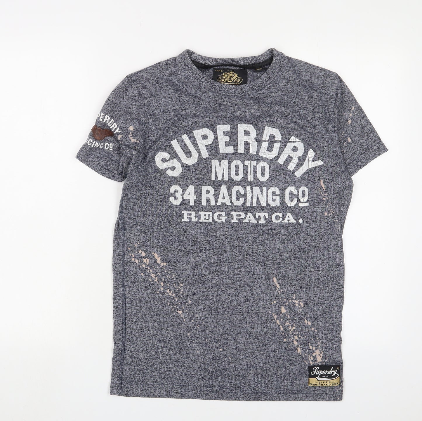 Superdry Mens Blue Cotton T-Shirt Size XS Crew Neck - Logo, Embroidered