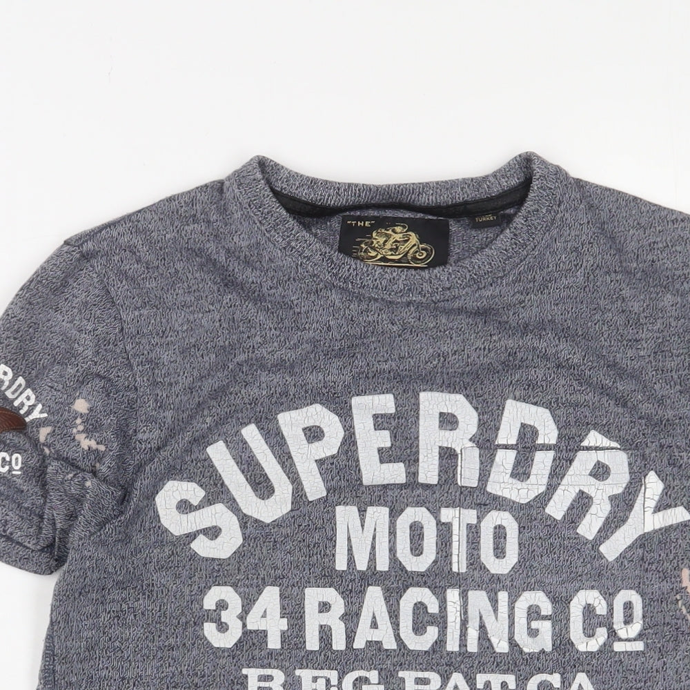 Superdry Mens Blue Cotton T-Shirt Size XS Crew Neck - Logo, Embroidered
