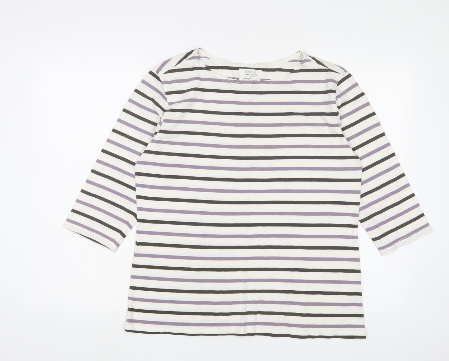 Seasalt Womens White Striped Cotton Basic T-Shirt Size 16 Crew Neck