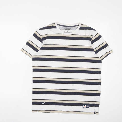 JACK & JONES Mens Multicoloured Striped Cotton T-Shirt Size L Crew Neck - Logo