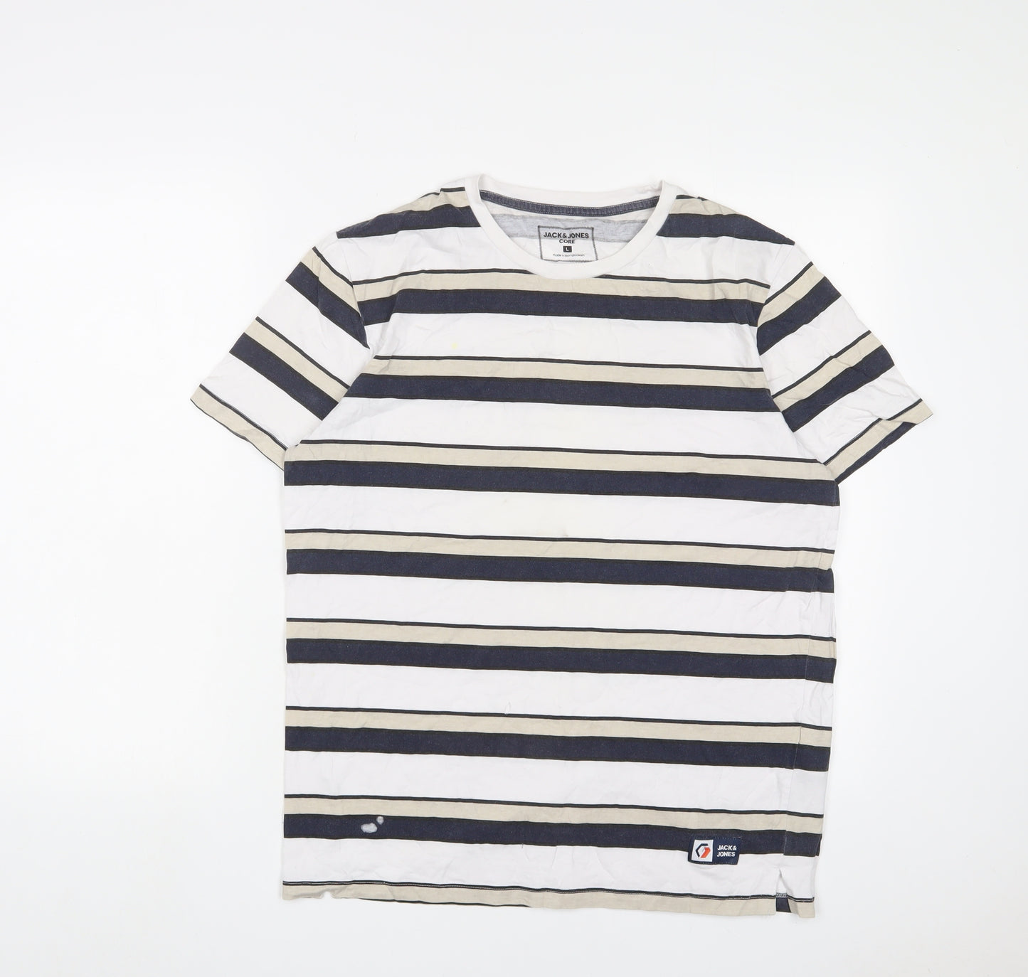JACK & JONES Mens Multicoloured Striped Cotton T-Shirt Size L Crew Neck - Logo