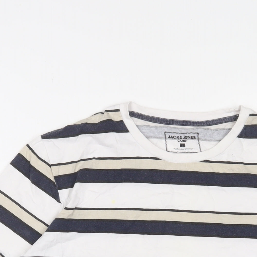 JACK & JONES Mens Multicoloured Striped Cotton T-Shirt Size L Crew Neck - Logo