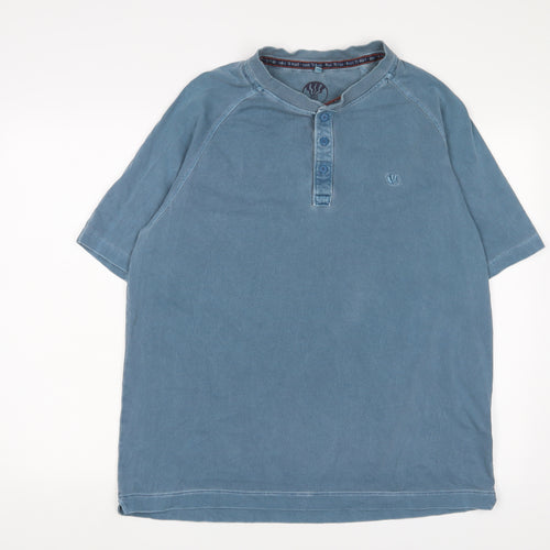 Fat Face Mens Blue Cotton T-Shirt Size L Henley - Logo, Embroidered