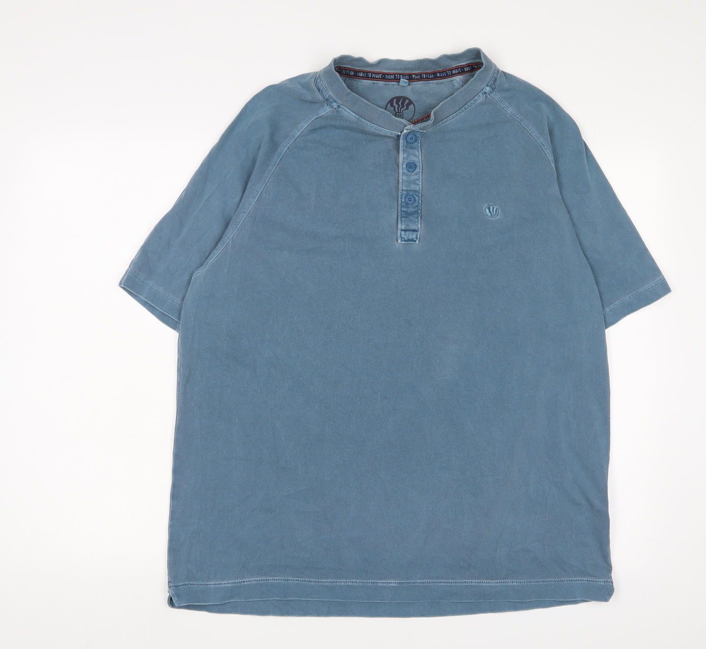 Fat Face Mens Blue Cotton T-Shirt Size L Henley - Logo, Embroidered