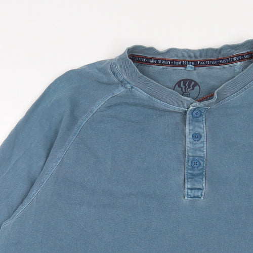Fat Face Mens Blue Cotton T-Shirt Size L Henley - Logo, Embroidered
