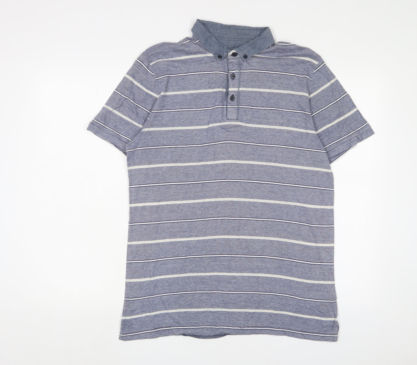 Jasper Conran Mens Blue Striped Cotton Polo Size M Collared Button