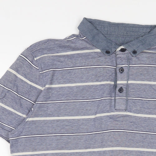 Jasper Conran Mens Blue Striped Cotton Polo Size M Collared Button