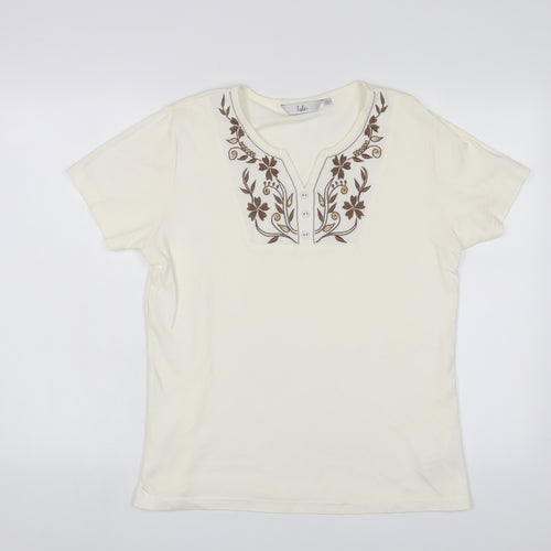 EWM Womens Ivory Fair Isle Cotton Basic T-Shirt Size L V-Neck - Embroidered