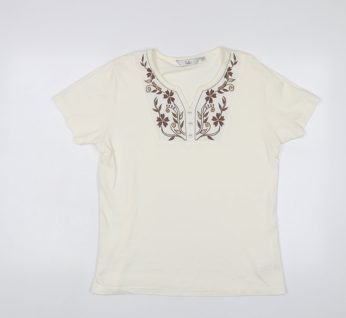 EWM Womens Ivory Fair Isle Cotton Basic T-Shirt Size L V-Neck - Embroidered