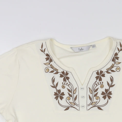 EWM Womens Ivory Fair Isle Cotton Basic T-Shirt Size L V-Neck - Embroidered