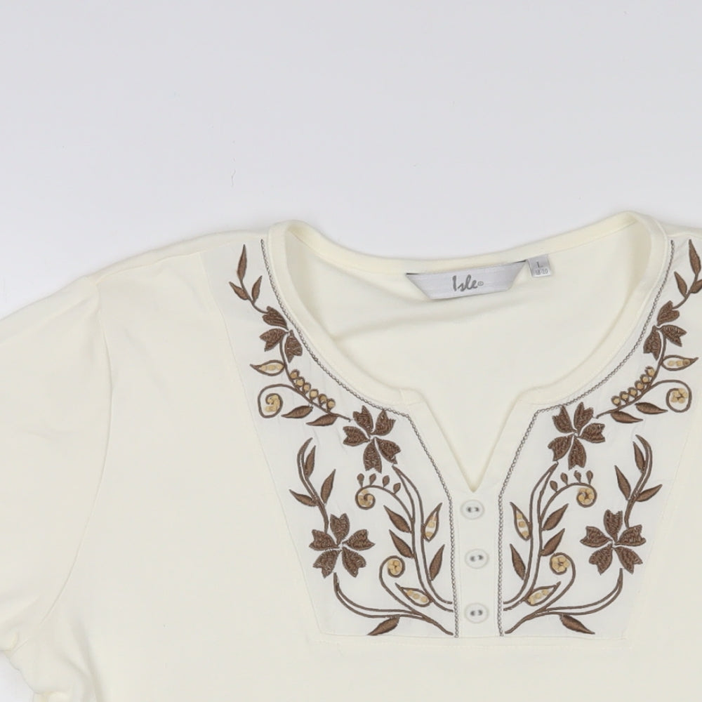 EWM Womens Ivory Fair Isle Cotton Basic T-Shirt Size L V-Neck - Embroidered