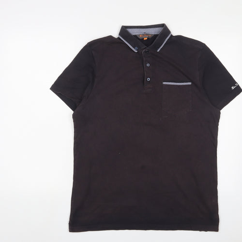 Ben Sherman Mens Black Cotton Polo Size L Collared Button - Logo, Embroidered