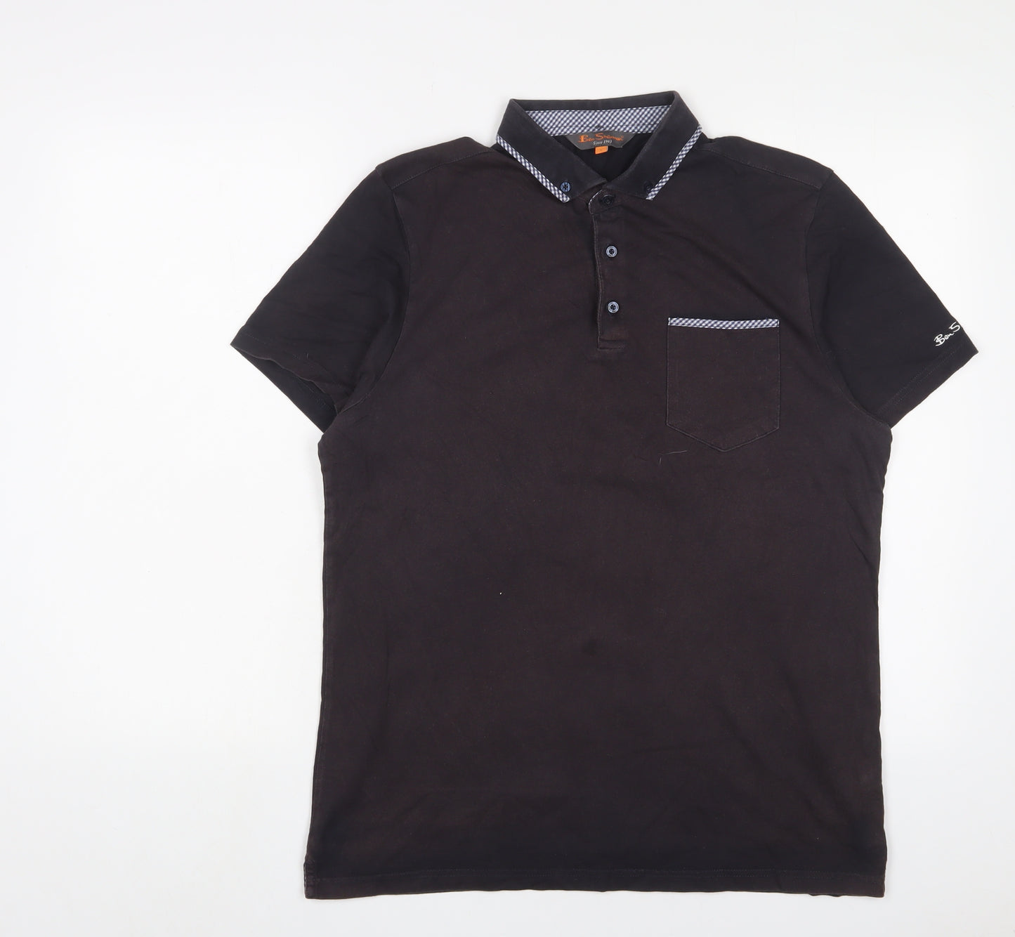 Ben Sherman Mens Black Cotton Polo Size L Collared Button - Logo, Embroidered