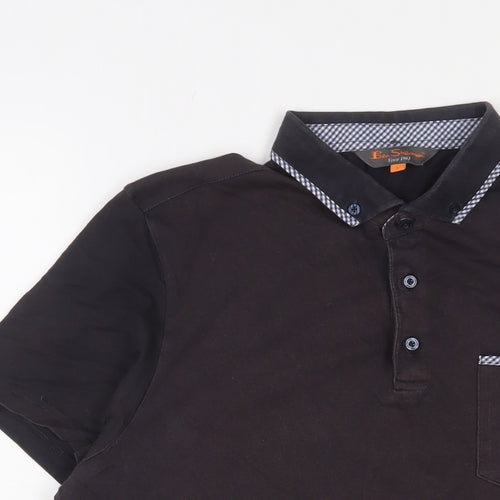 Ben Sherman Mens Black Cotton Polo Size L Collared Button - Logo, Embroidered